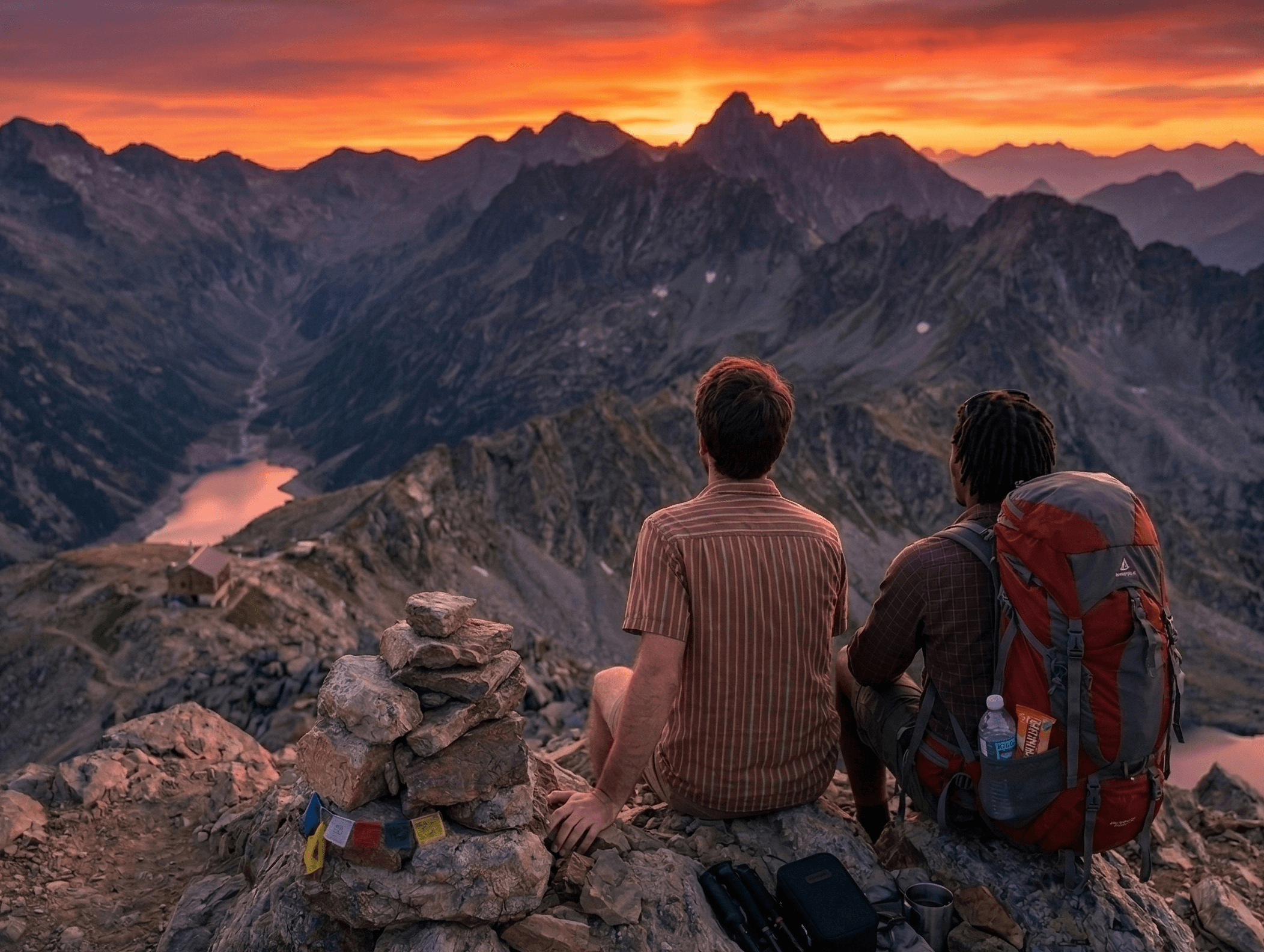 Two friends at the peak of the mountain with their backs to the camera as the sun sets in front of them