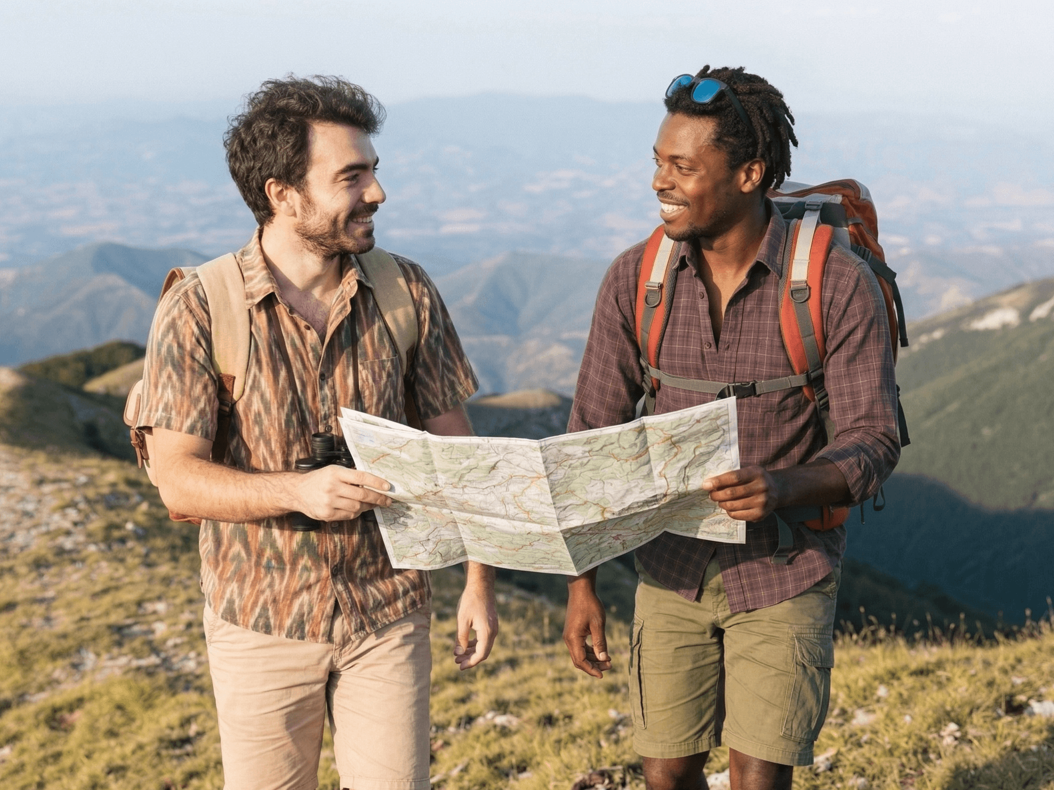 Two friends hiking together, holding a map between them