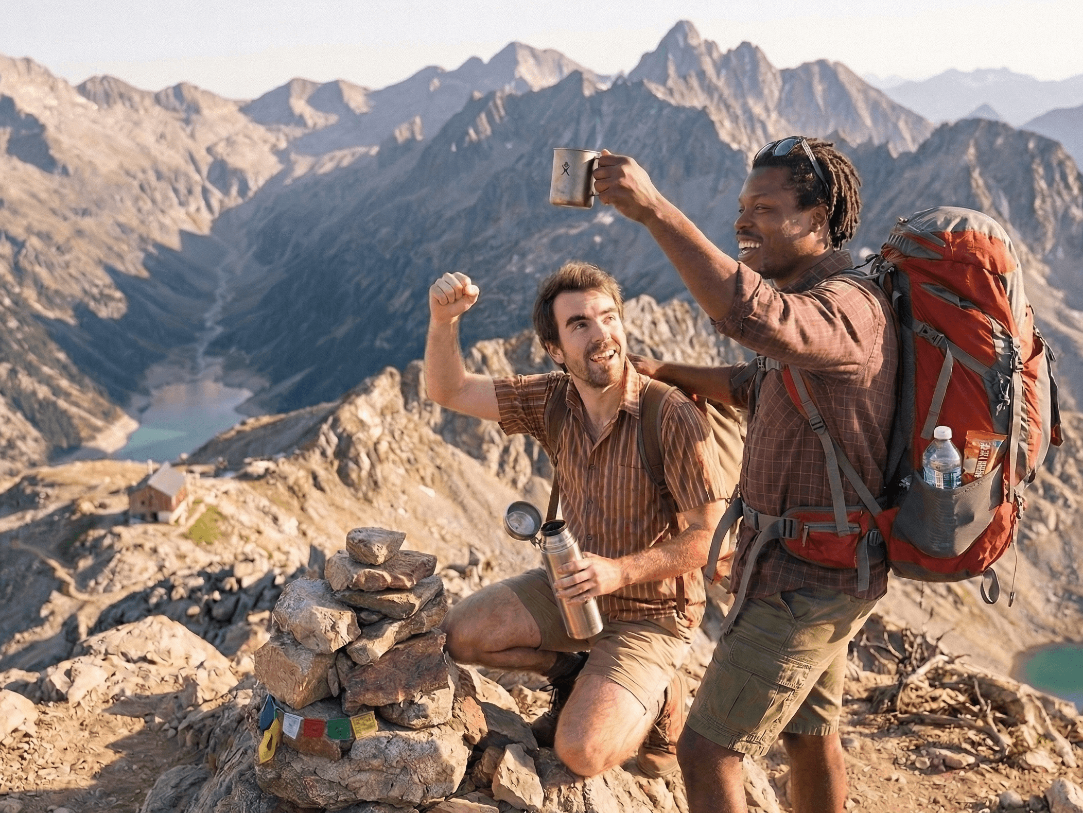 Two friends at the peak of a mountain celebrating their success
