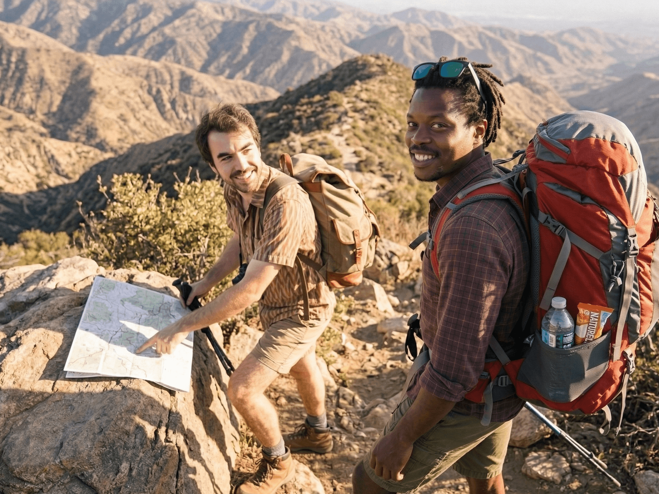Two friends on a hiking trail with one looking at a map and the other looking at the camera